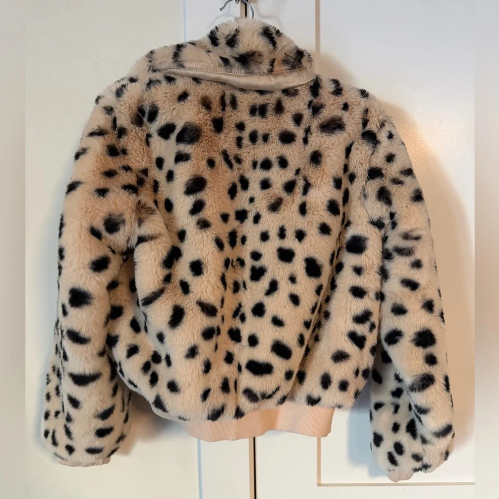 LULUS Faux Real Ivory Dot Print Fur Bomber Jacket Size Small EUC Y2K mob wife